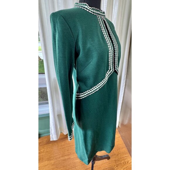 Vintage 60s dress, forest green, mock waistcoat, faux vest bodice, striped trim - Picture 7 of 10